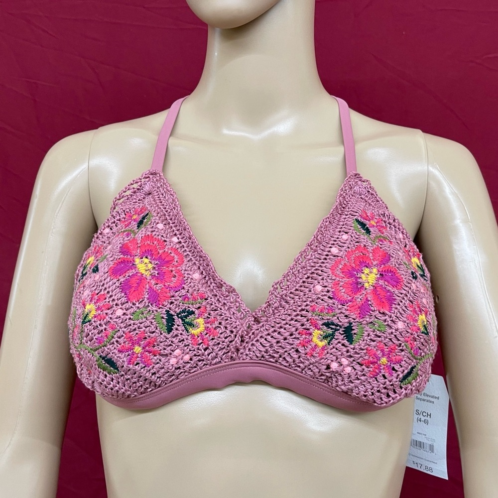 Embroidered/Crochet cross back string bikini top size small 4-6
